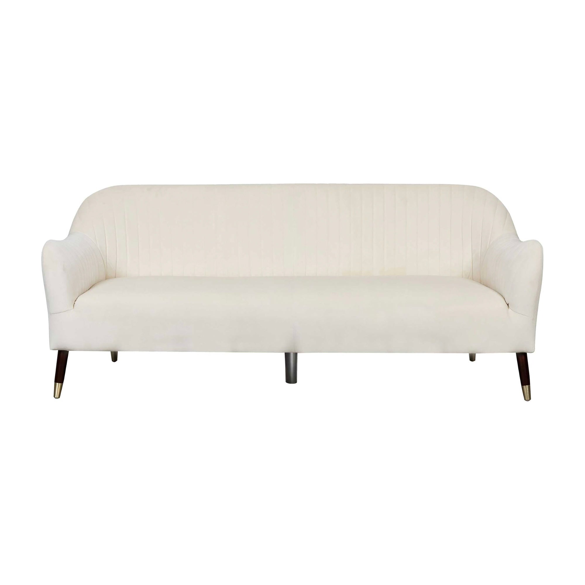 A white linen fabric Nora Curve 3-Seater Sofa with a solid wood frame and black legs with gold accents.