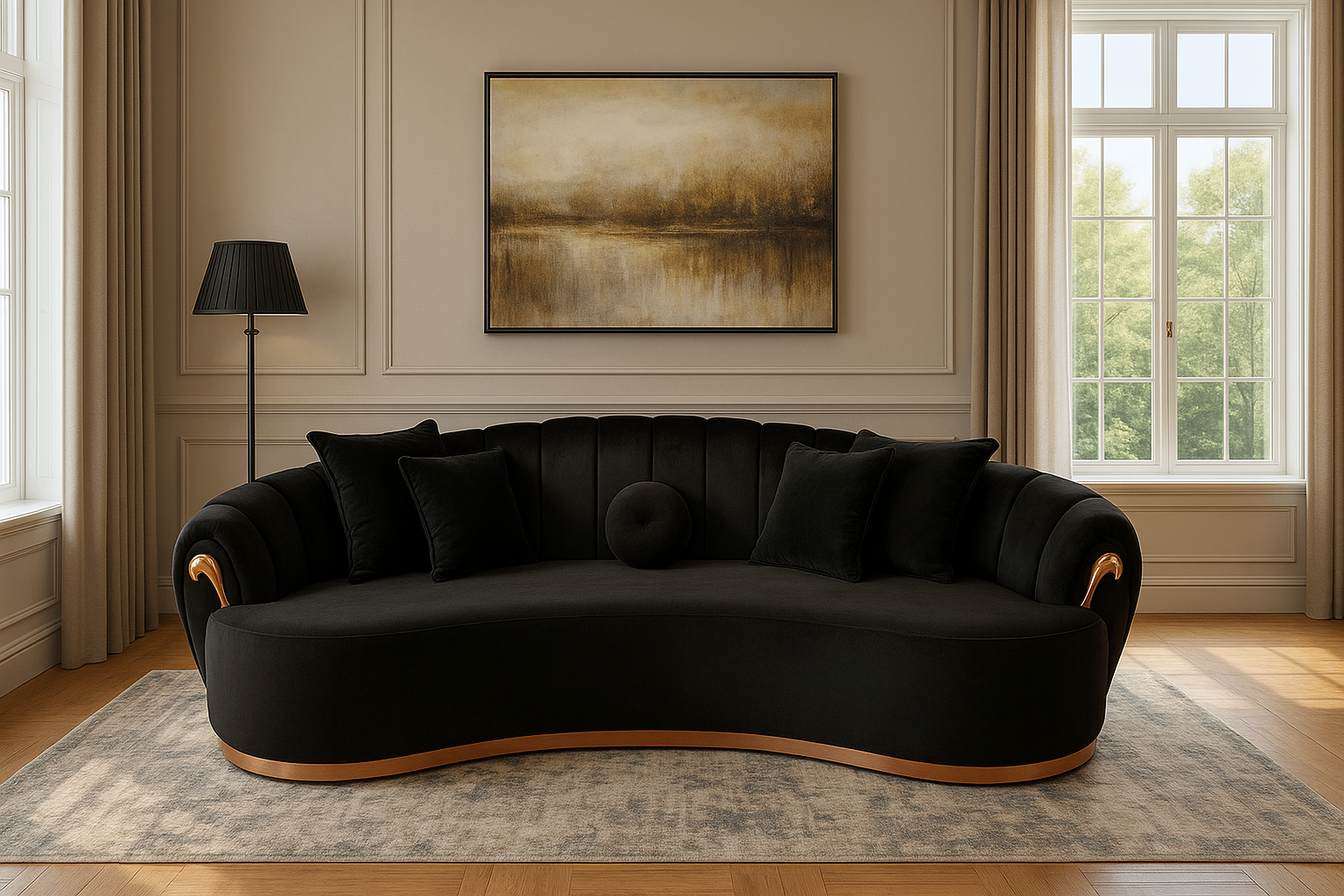 Black sofa in a stylish living room with a painting on the wall and large windows.