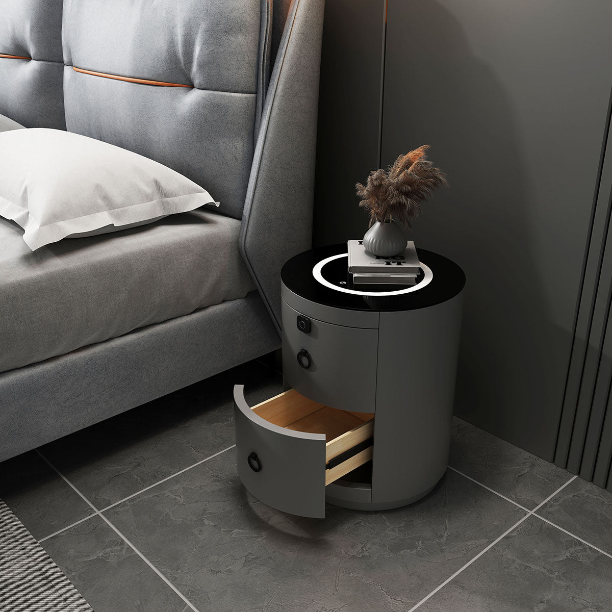 CA009-Gy- US-3 Navy Artificial Leather Smart Night Stand - GLARA HOME