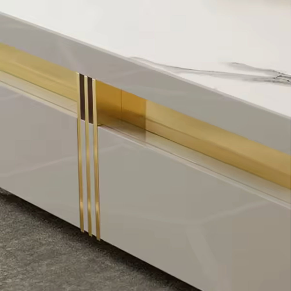 Albali Snowcrest Luxury TV Console – Snow Mountain White Sintered Stone & Gold Stainless Steel - GLARA HOME