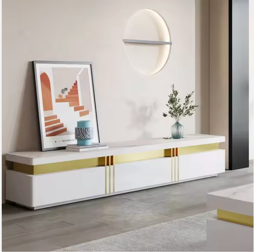Albali Snowcrest Luxury TV Console – Snow Mountain White Sintered Stone & Gold Stainless Steel - GLARA HOME