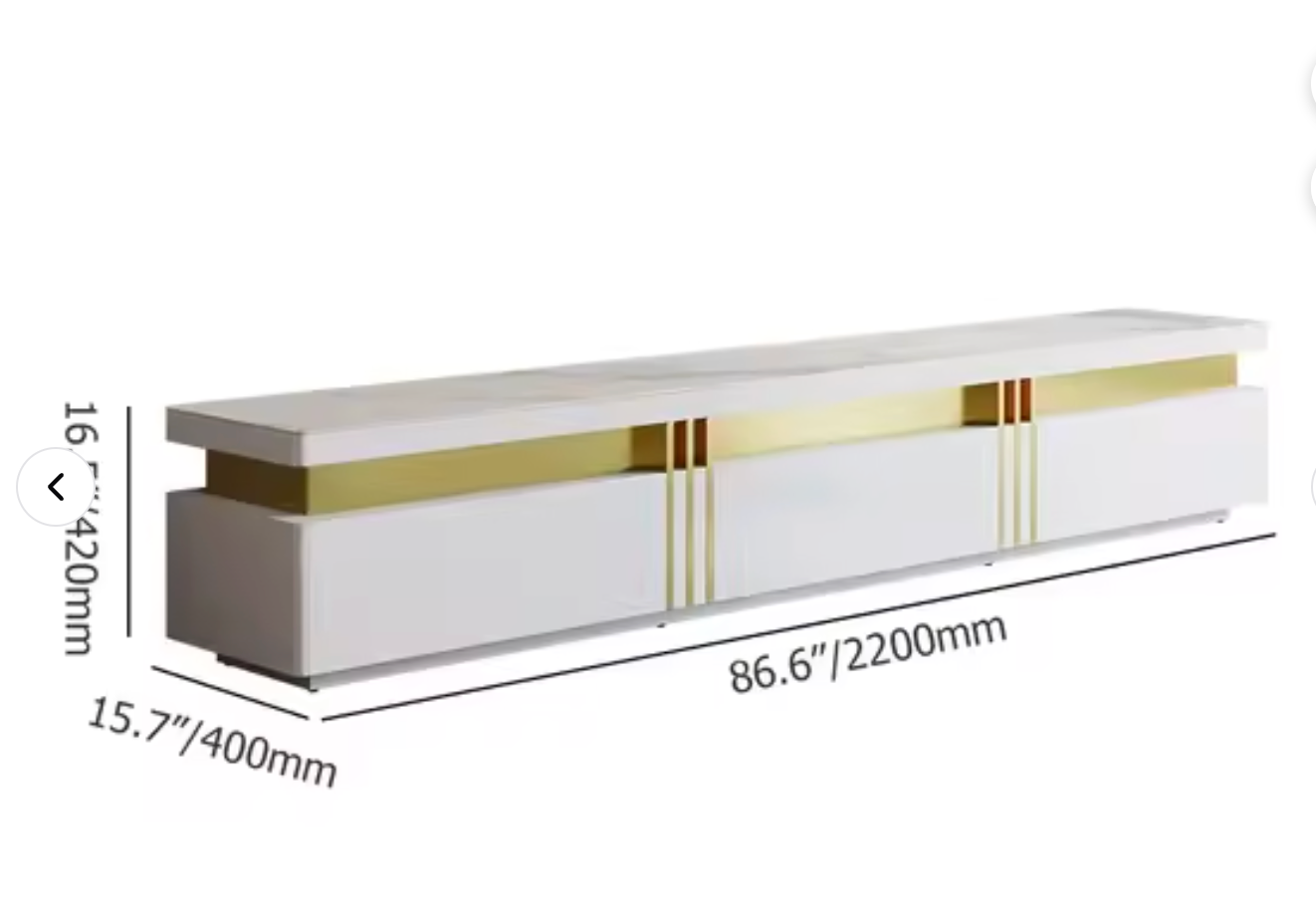 Albali Snowcrest Luxury TV Console – Snow Mountain White Sintered Stone & Gold Stainless Steel - GLARA HOME