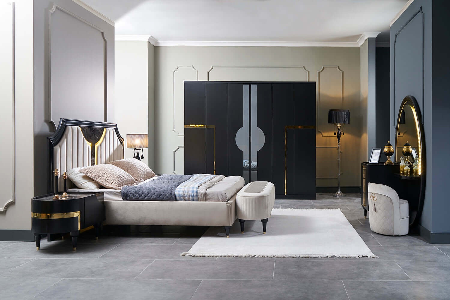 alt= Elegant modern bedroom with upholstered bed, black nightstand, large mirrored wardrobe, and balcony with city view.