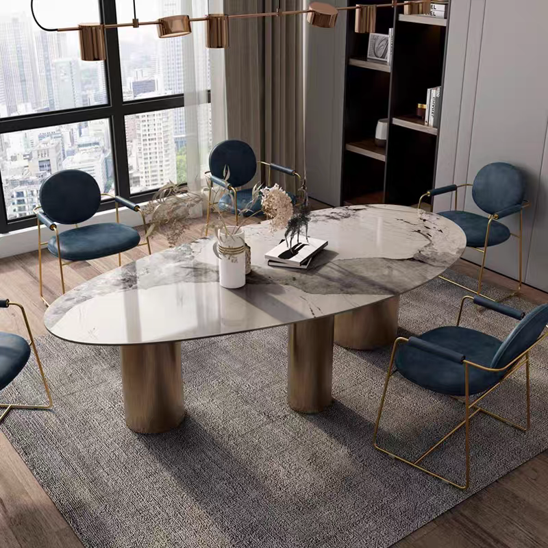 Aurelio Oval Sintered Stone Dining Table – Gold Stainless Steel Base - GLARA HOME