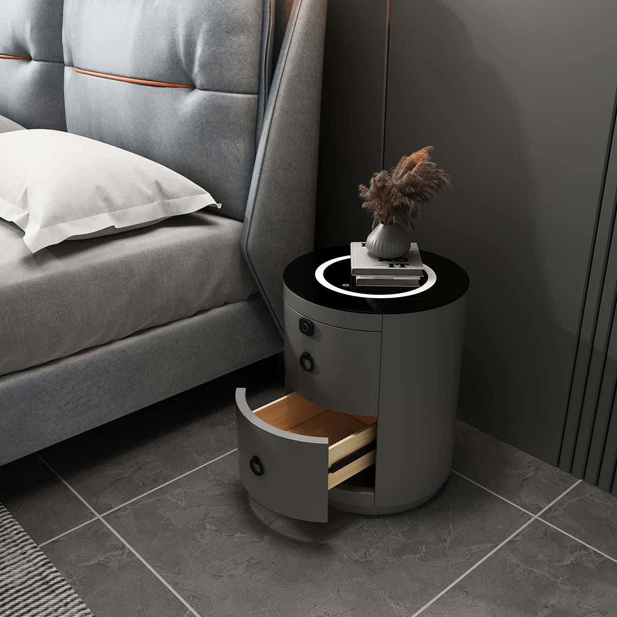 CA009-Gy- US-3 Navy Artificial Leather Smart Night Stand - GLARA HOME