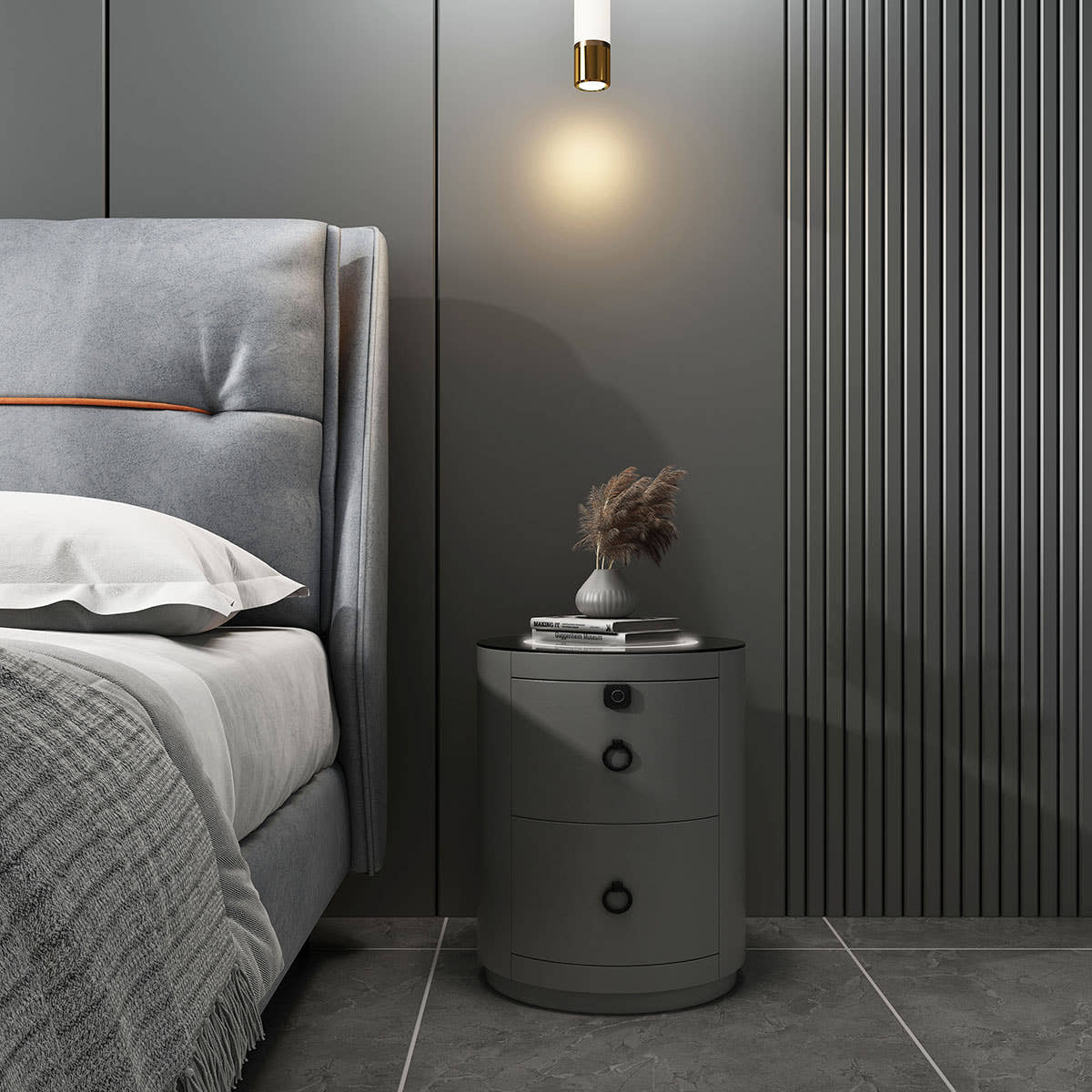 CA009-Gy- US-3 Navy Artificial Leather Smart Night Stand - GLARA HOME