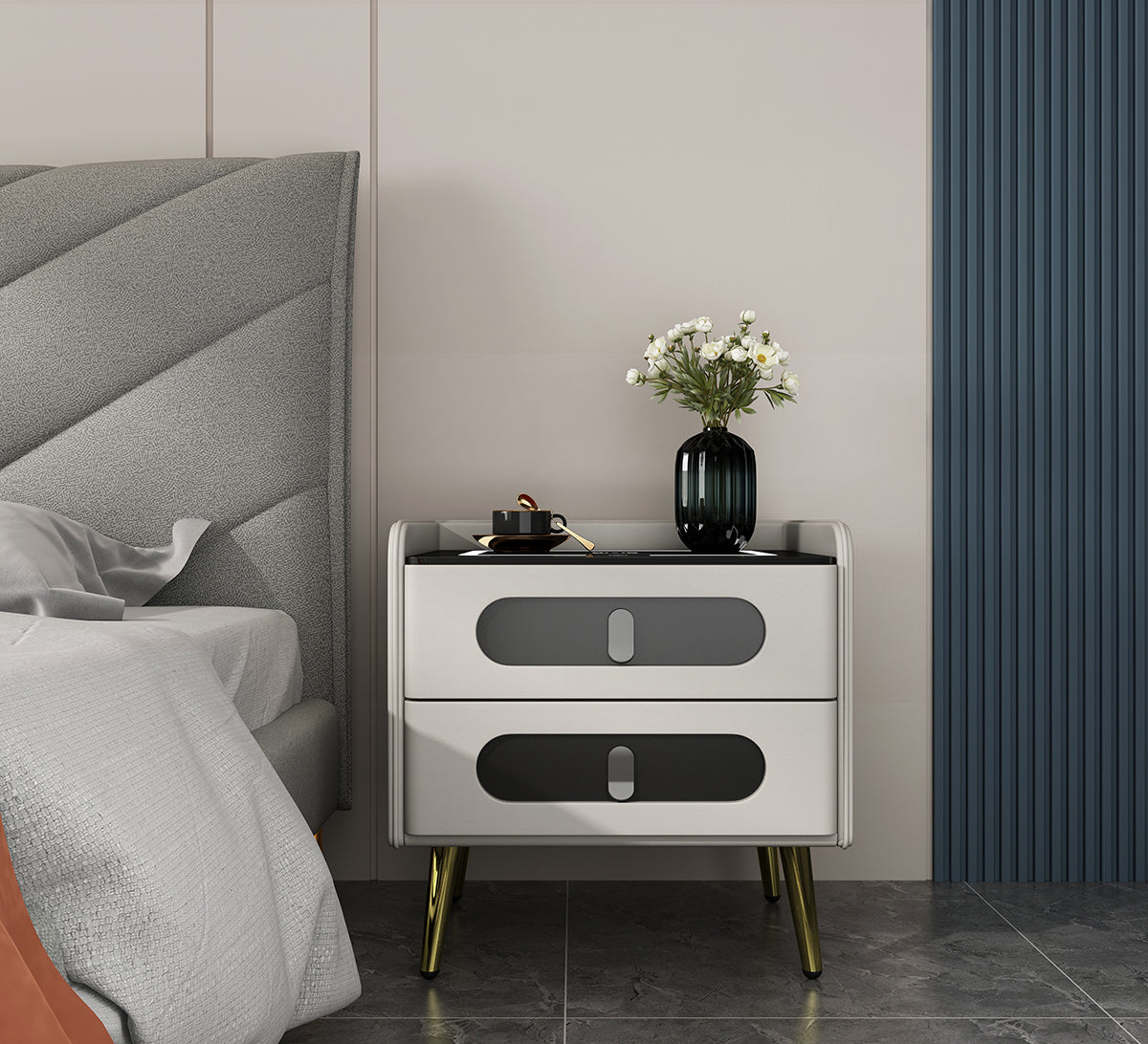 CA011-K- USB-4 Beige / Black Smart Night Stand - GLARA HOME