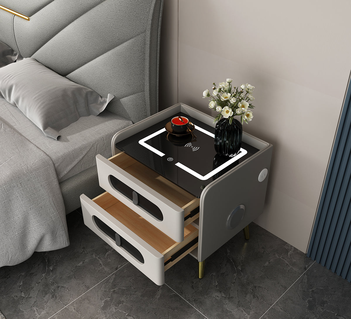 CA011-K- USB-4 Beige / Black Smart Night Stand - GLARA HOME