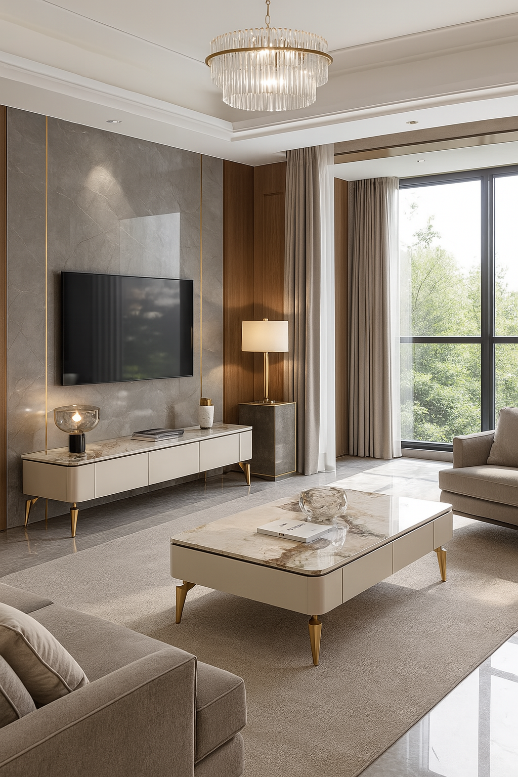 Chanel Gold Luxe Living Room Set – Marble Coffee Table & TV Stand (9105)