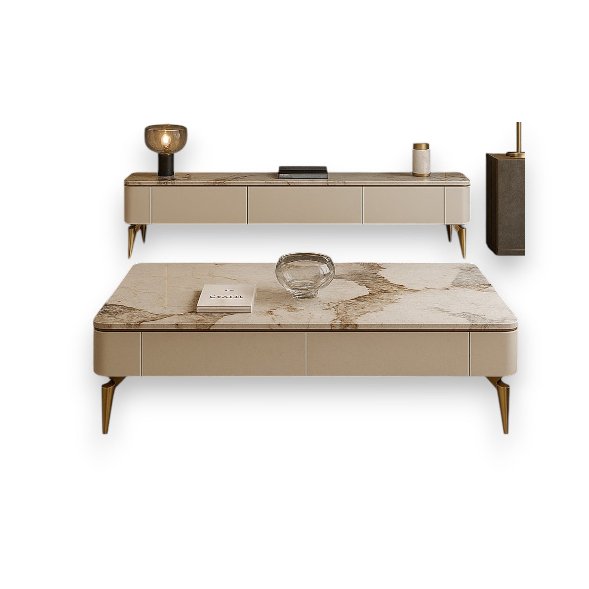 Chanel Gold Luxe Living Room Set – Marble Coffee Table & TV Stand (9105)