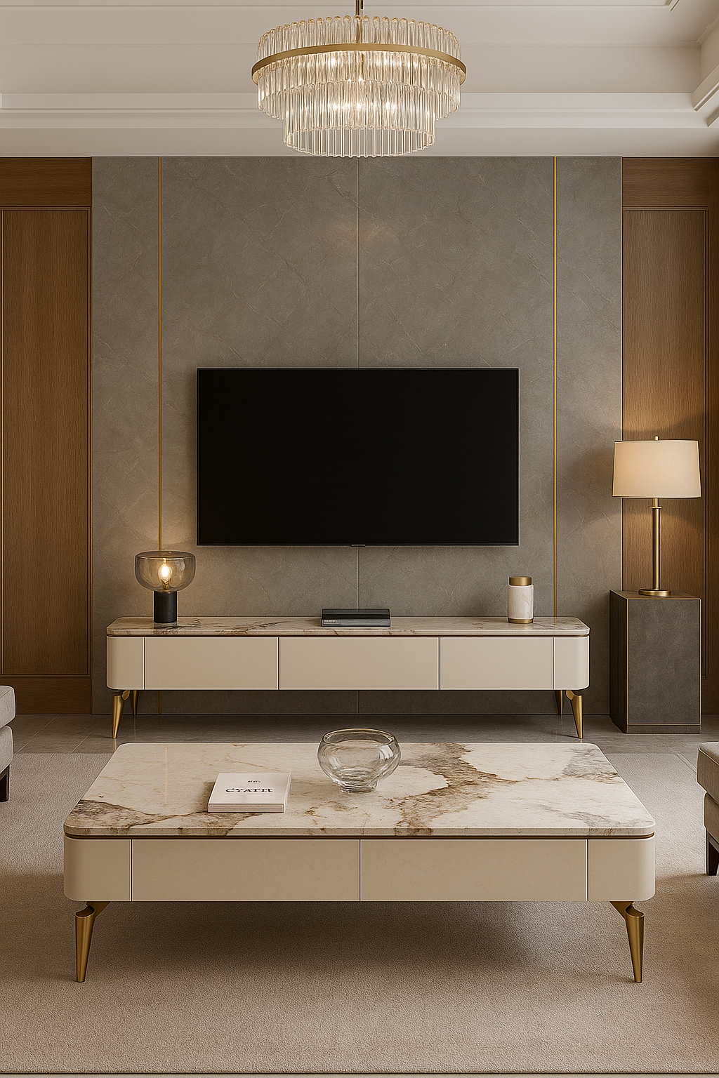 Chanel Gold Luxe Living Room Set – Marble Coffee Table & TV Stand (9105)