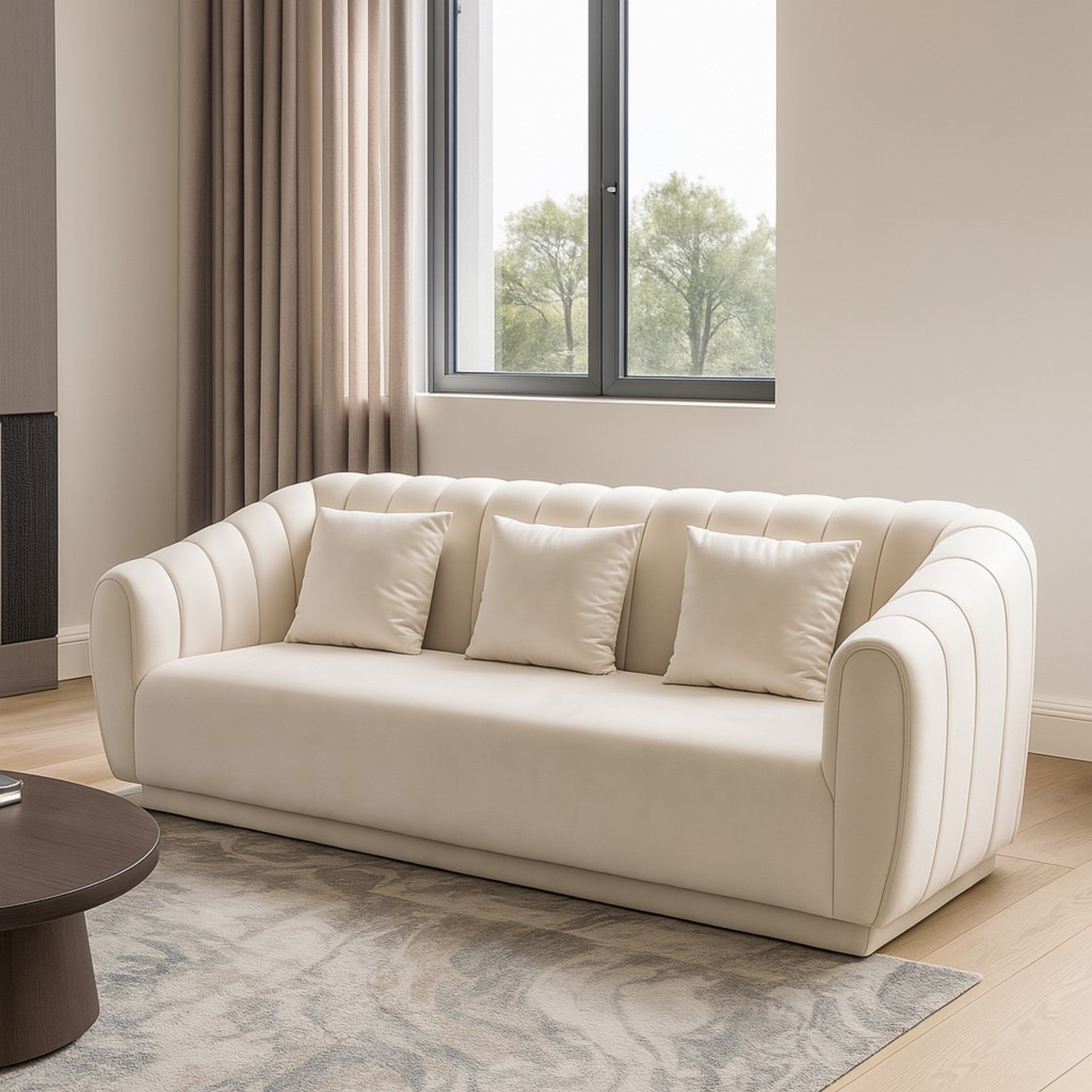 Beige sofa with cushions in a modern living room setting