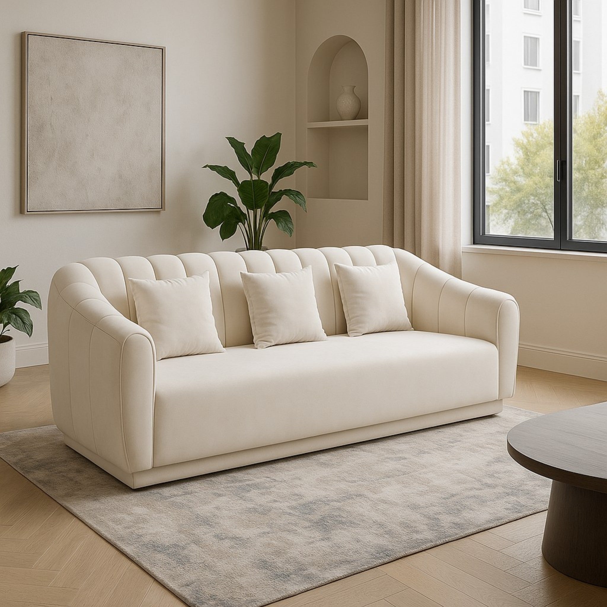 Beige sofa in a living room with a plant and window view