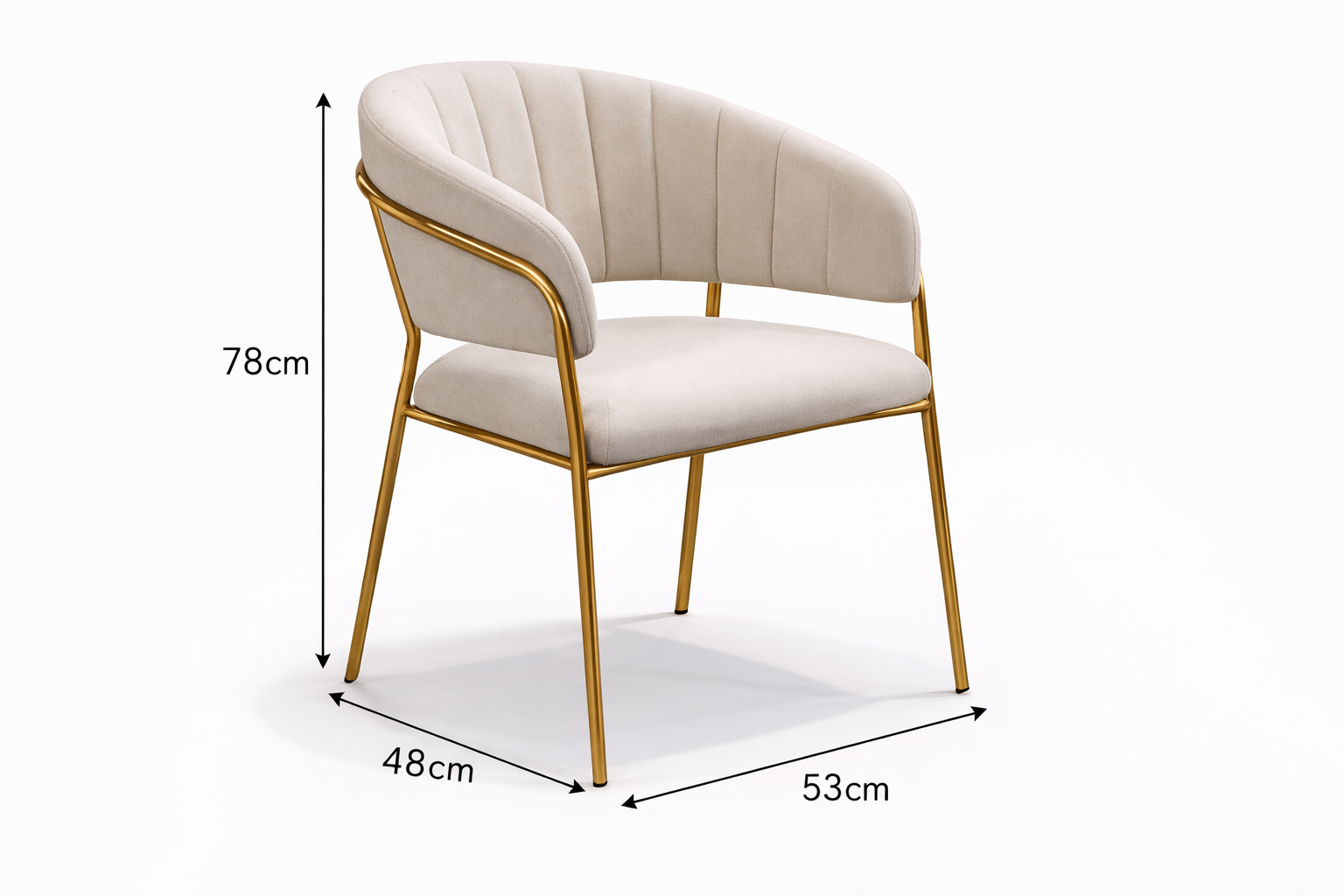 Beige chair with gold frame and dimensions on a white background