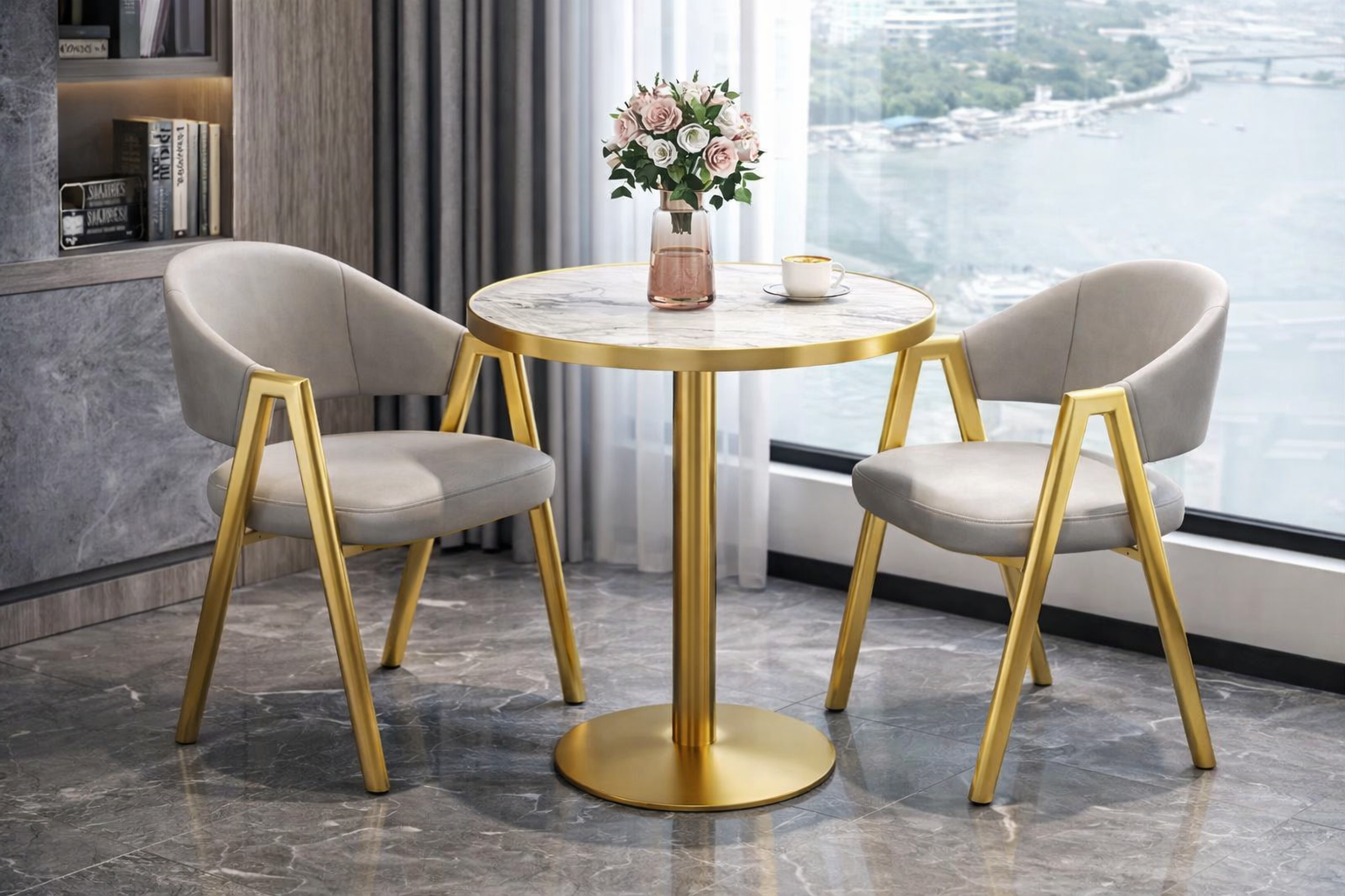 Velora Luxury Bistro Table – Sintered Stone Top with Gold Pedestal Base