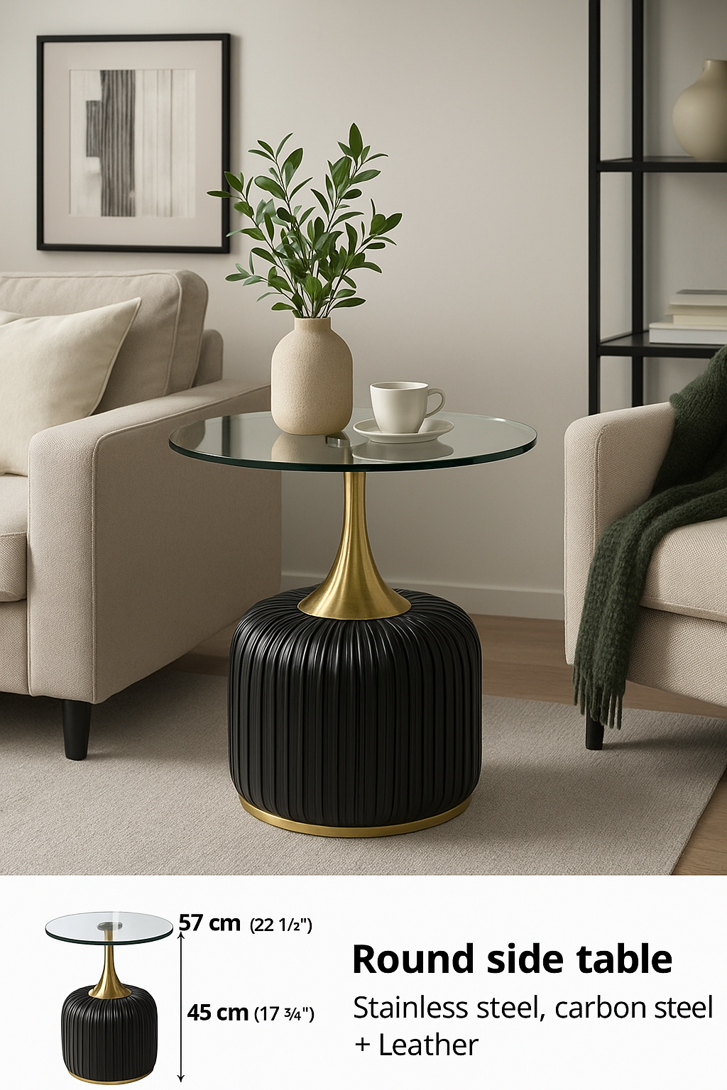 Luxury Round Side Table X-818 – Glass Top with Leather & Gold Base