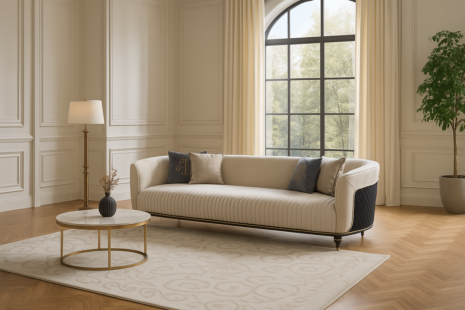 Modern living room with a beige sofa, coffee table, and decorative elements.