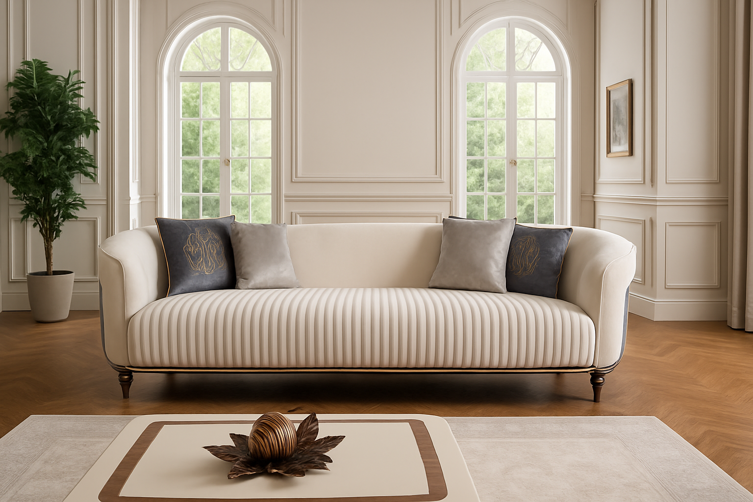 Beige sofa with decorative pillows in a room with large windows and a plant.