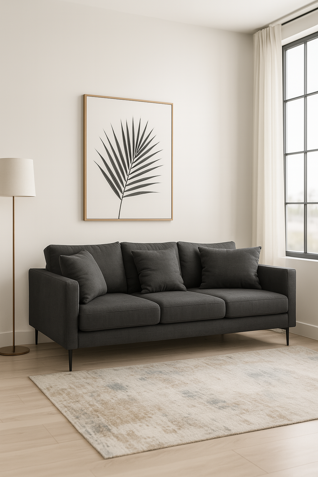 Gray sofa in a living room with a framed palm leaf art piece on the wall.