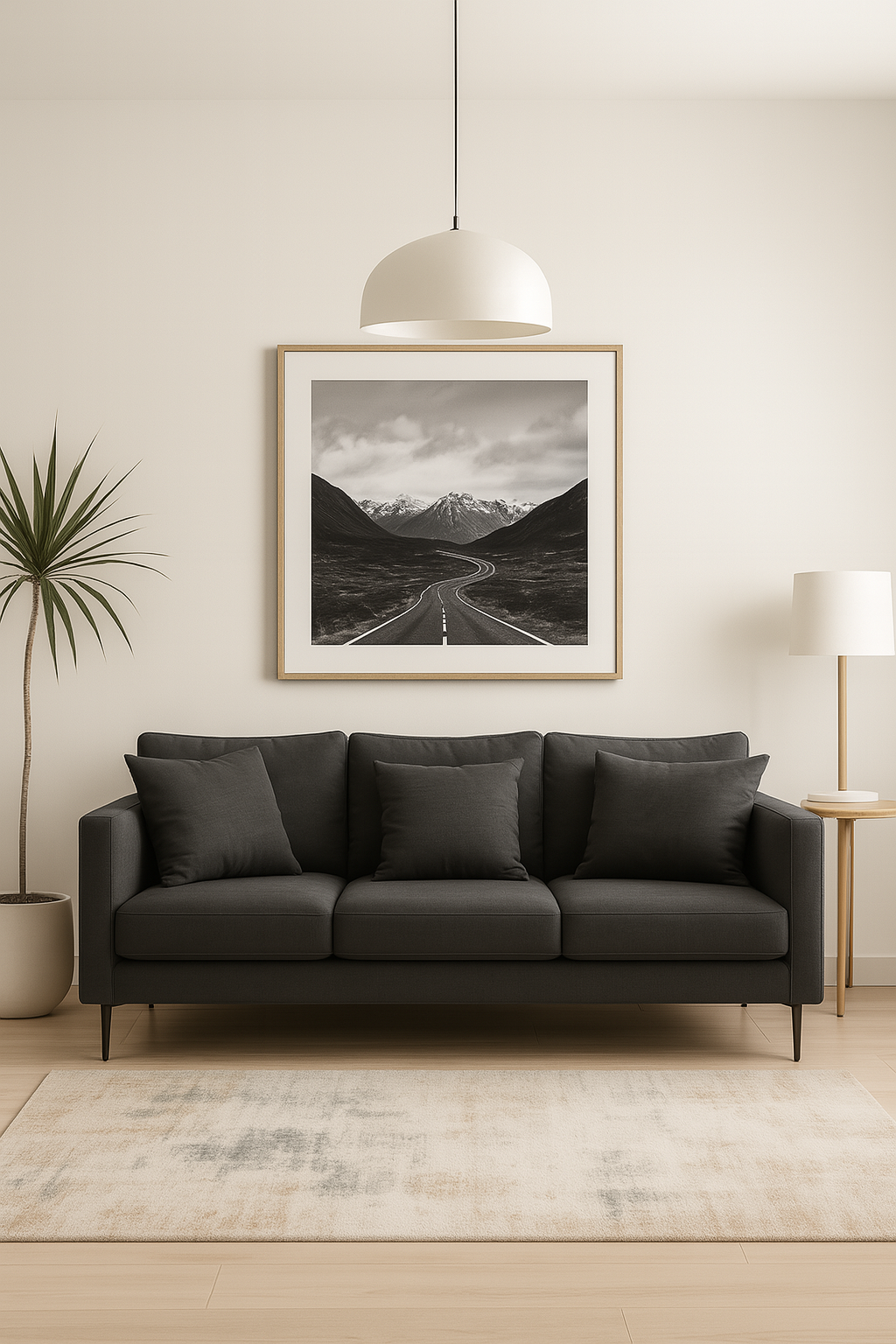 Modern living room with a black sofa, framed landscape print, and minimal decor.