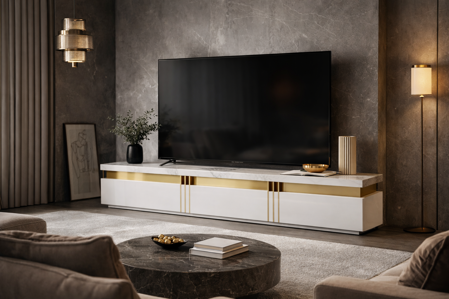 Albali Snowcrest Luxury TV Console – Snow Mountain White Sintered Stone & Gold Stainless Steel