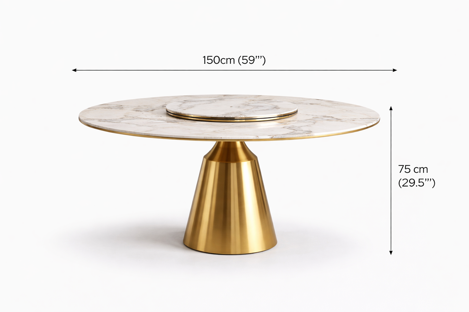 Round table with marble top and gold base, showing dimensions on a white background
