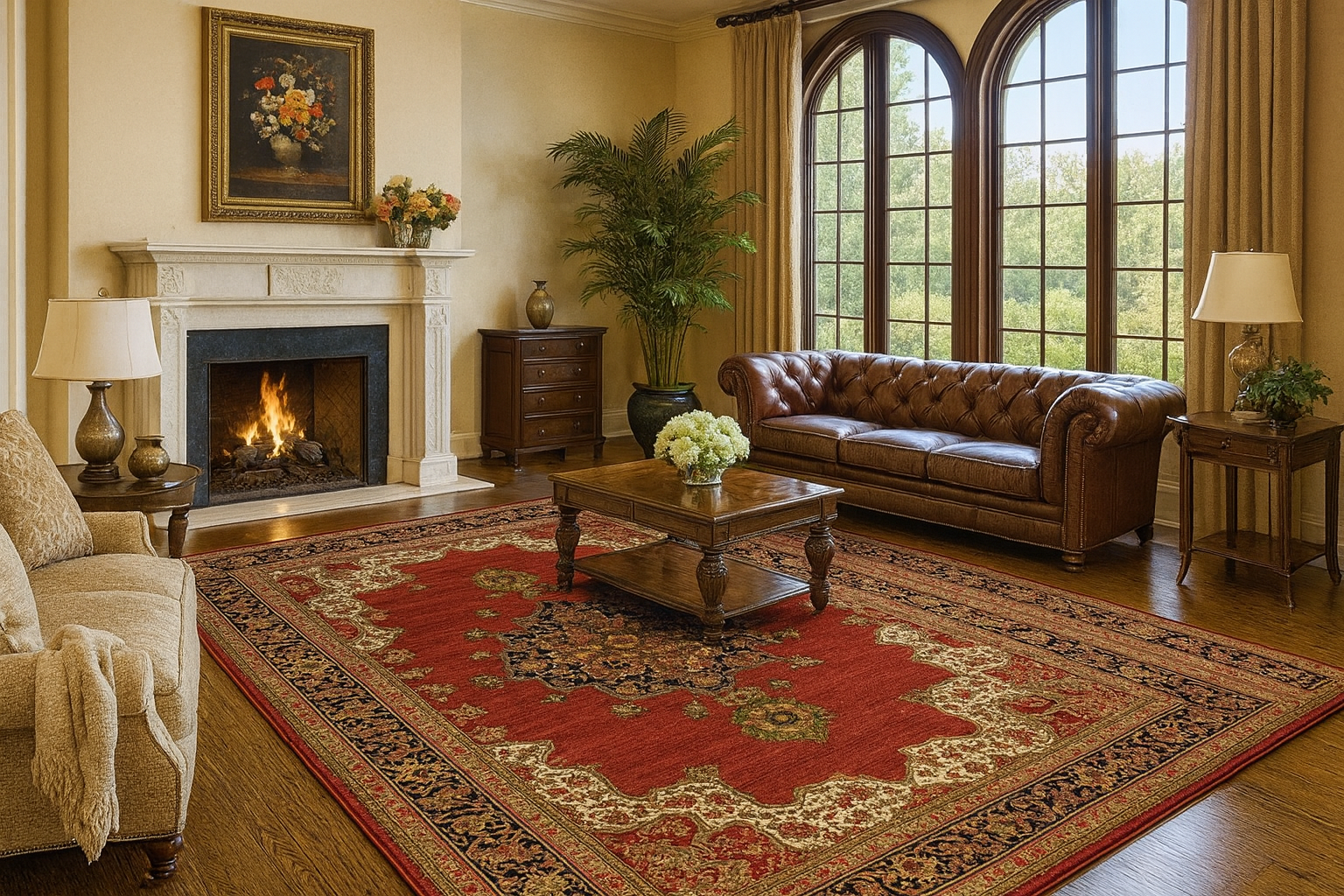 Living room with a fireplace, brown leather sofa, and large windows.