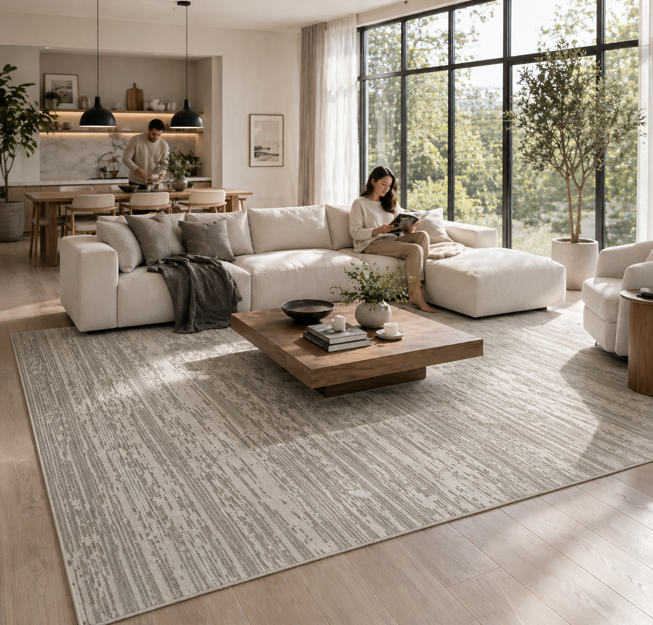 Glara “STRATA” Linear Textured Area Rug – Ivory & Soft Grey ( WX- 01 ) - GLARA HOME