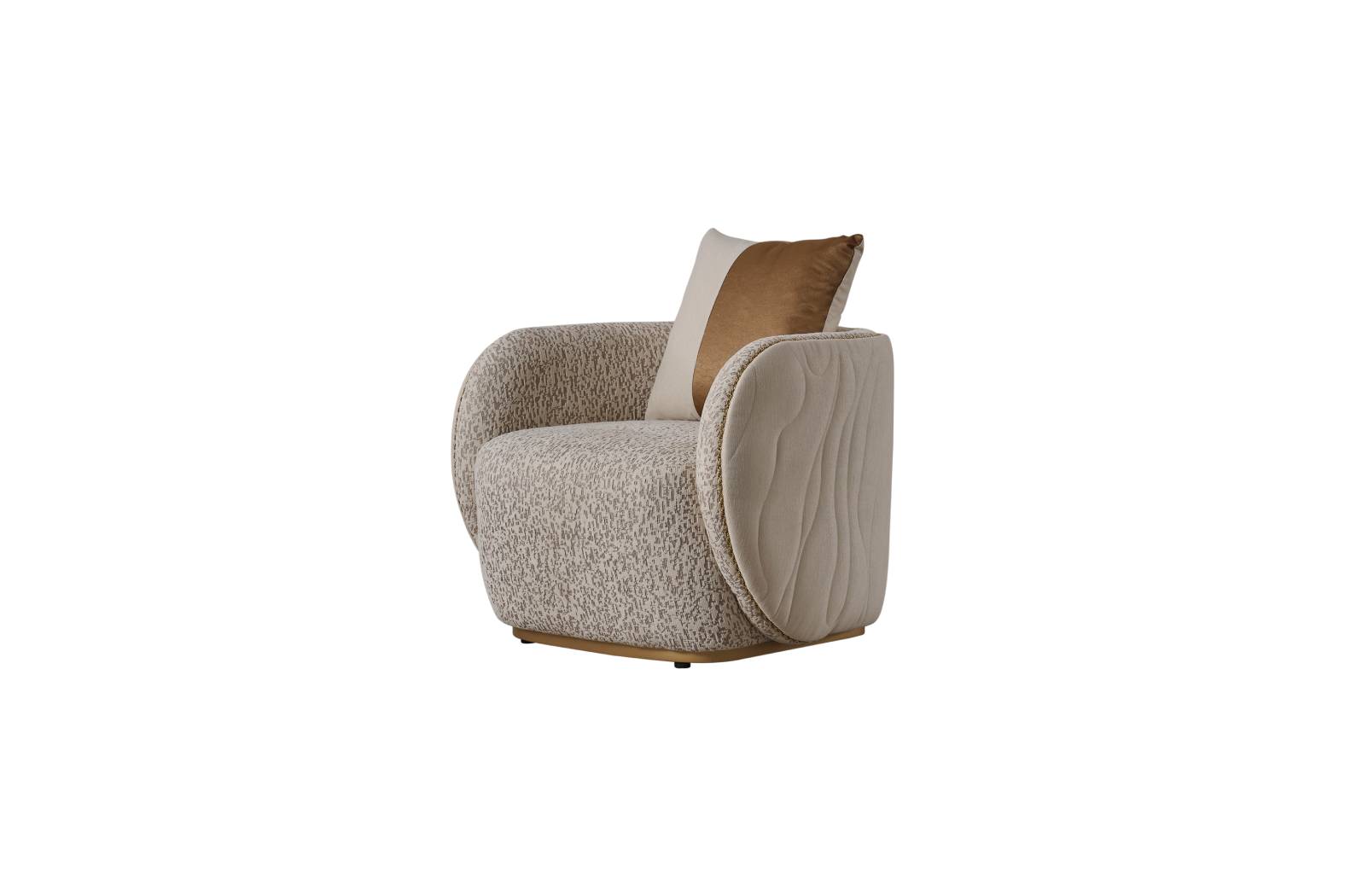 Beige armchair with a wooden base on a white background