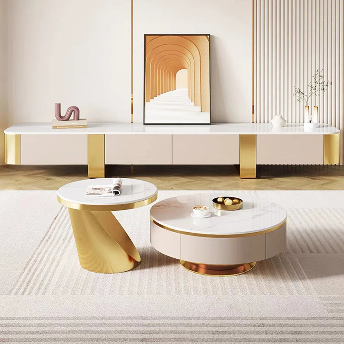 Elano Marble & Gold Coffee Table/ TV Stand Set