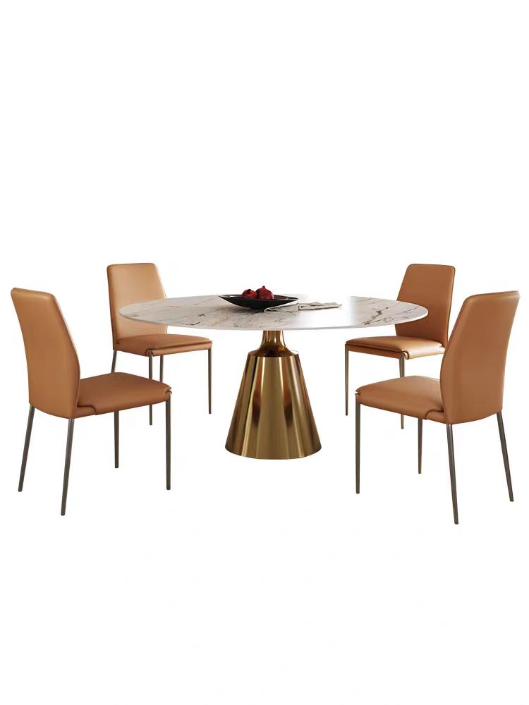 Dining table set with four brown chairs on a white background