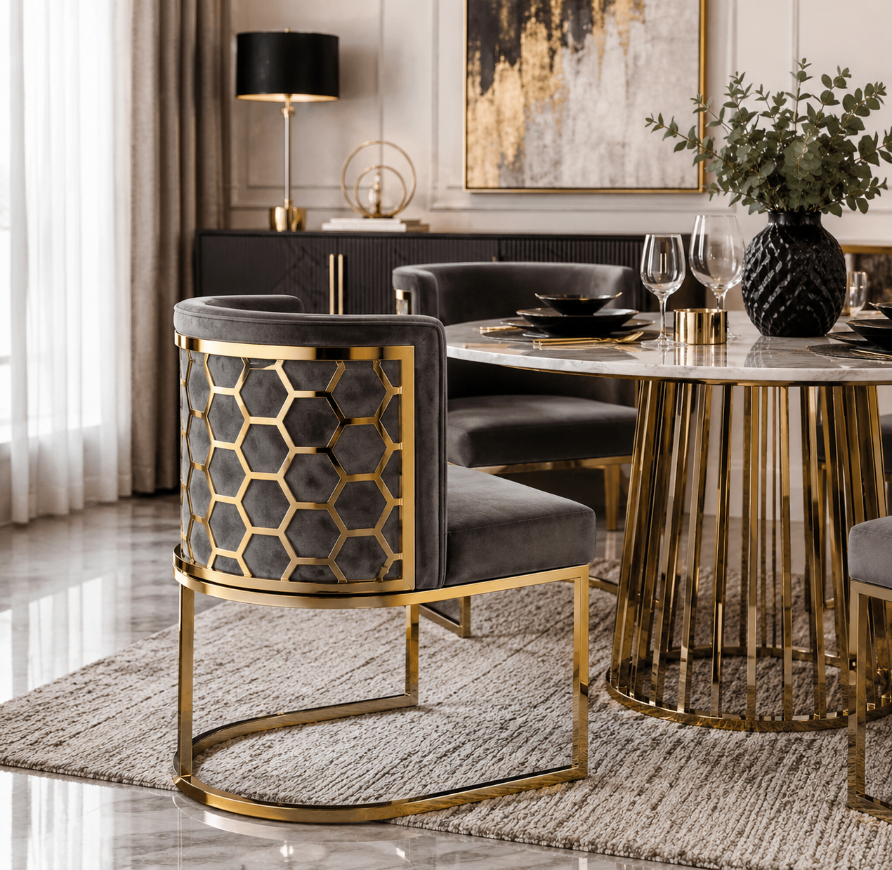 Luxury Grey Velvet Dining Chair with Gold Stainless Steel Frame (216A) - GLARA HOME
