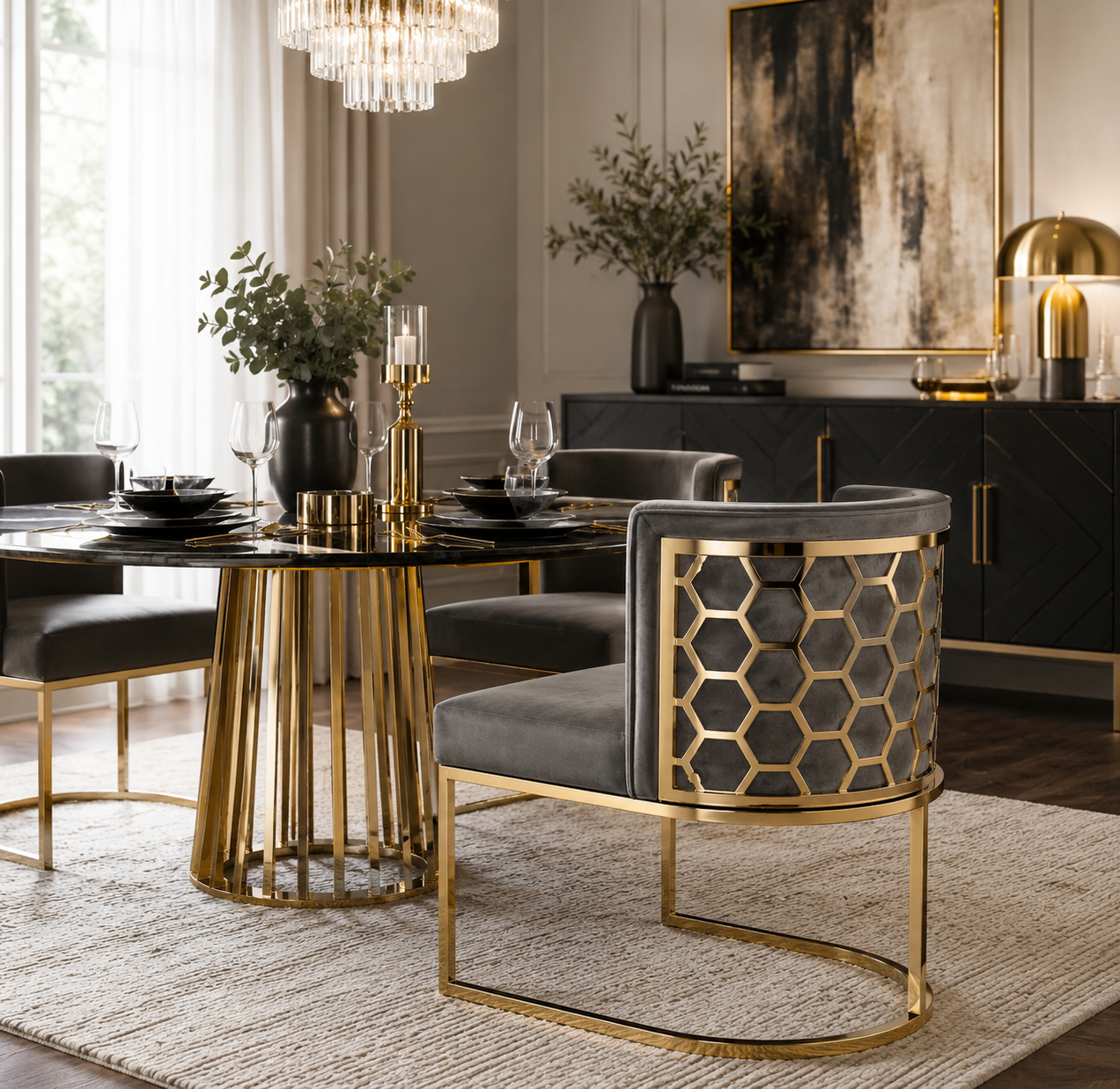 Luxury Grey Velvet Dining Chair with Gold Stainless Steel Frame (216A) - GLARA HOME