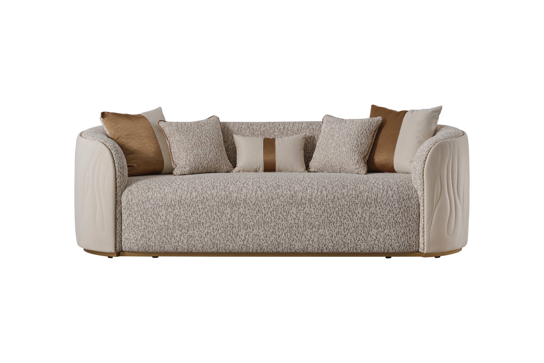 Gray sofa with brown and beige cushions on a white background