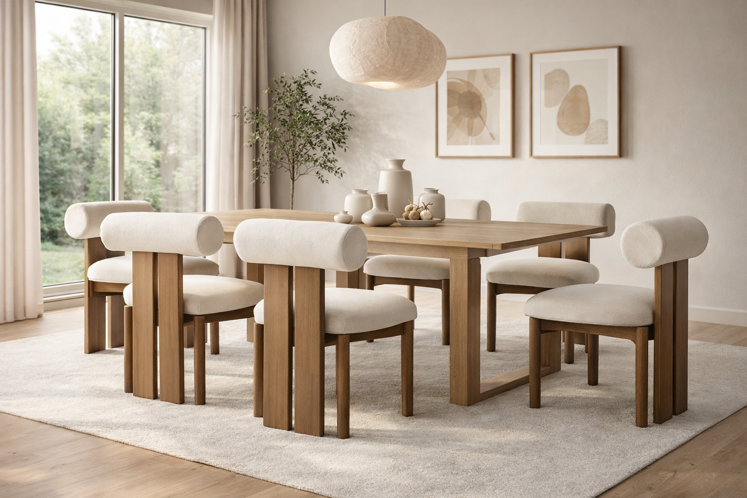 Lumi Bolster Dining Chair – Cream Velvet & Walnut Ash Wood