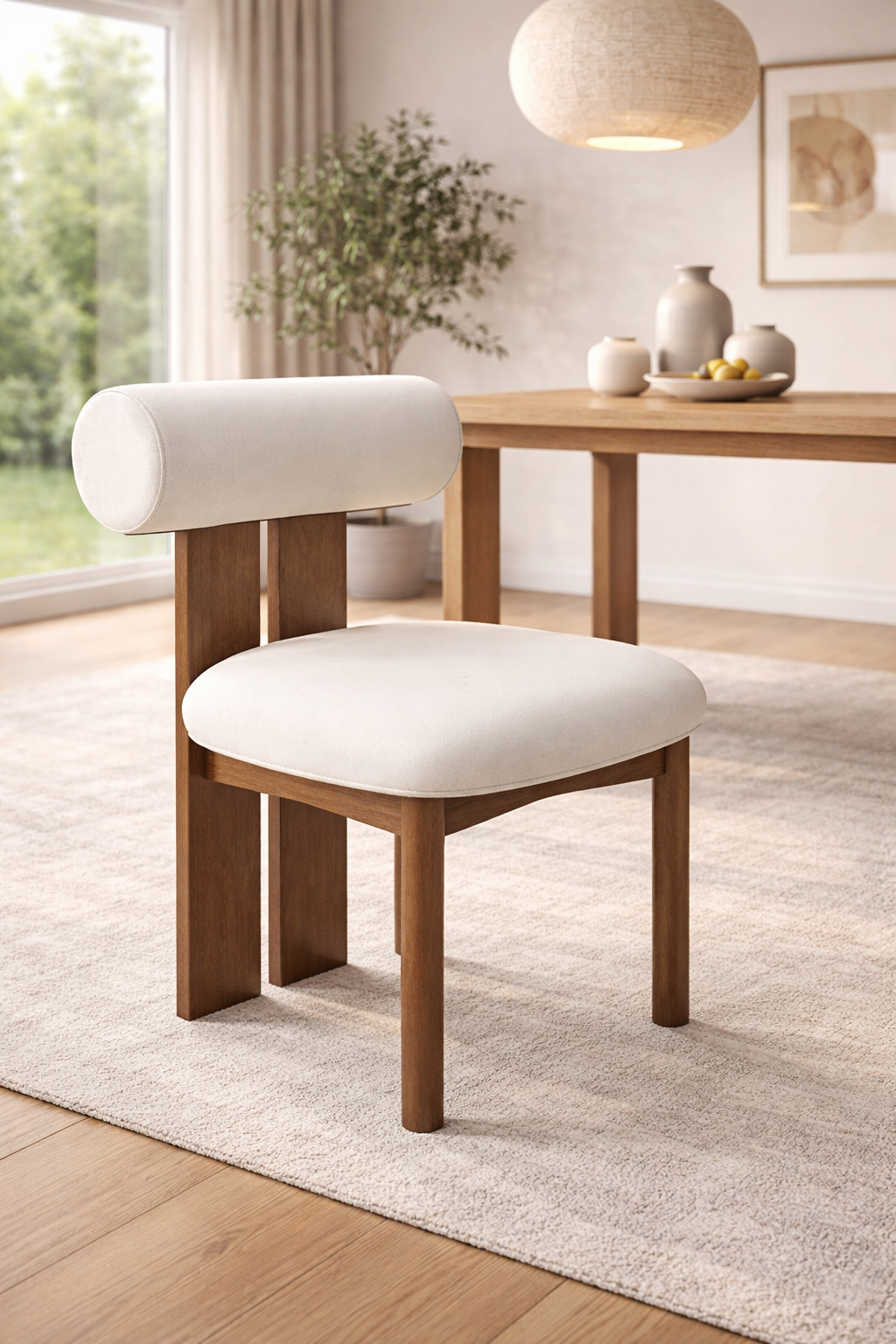 Lumi Bolster Dining Chair – Cream Velvet & Walnut Ash Wood