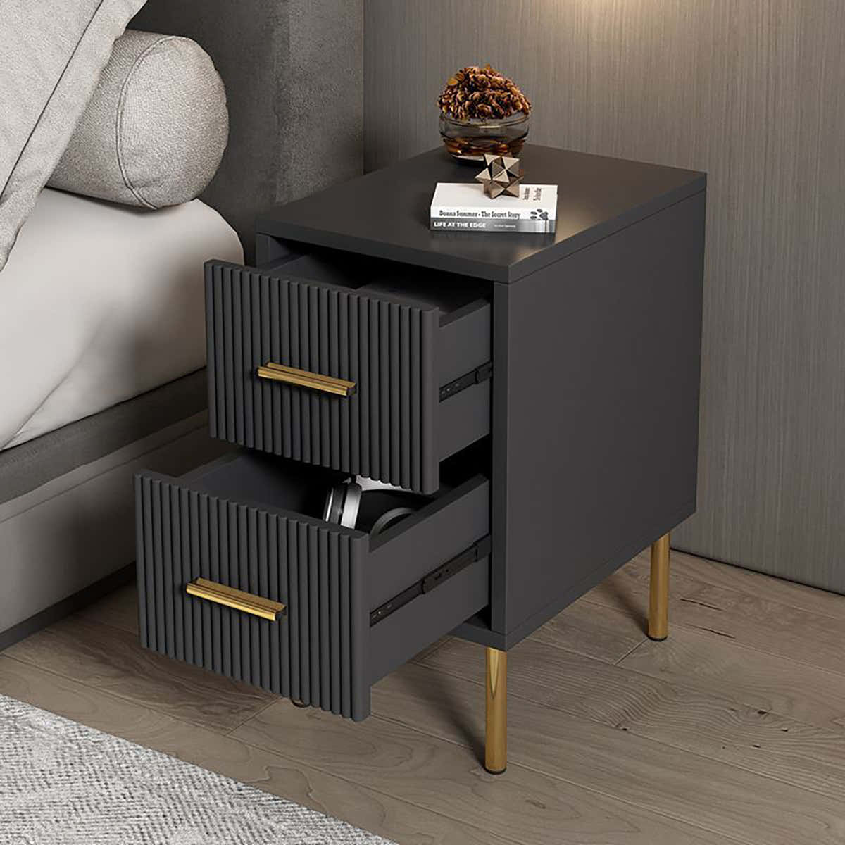 Noir Luxe Fluted Nightstand (MX-19) - GLARA HOME