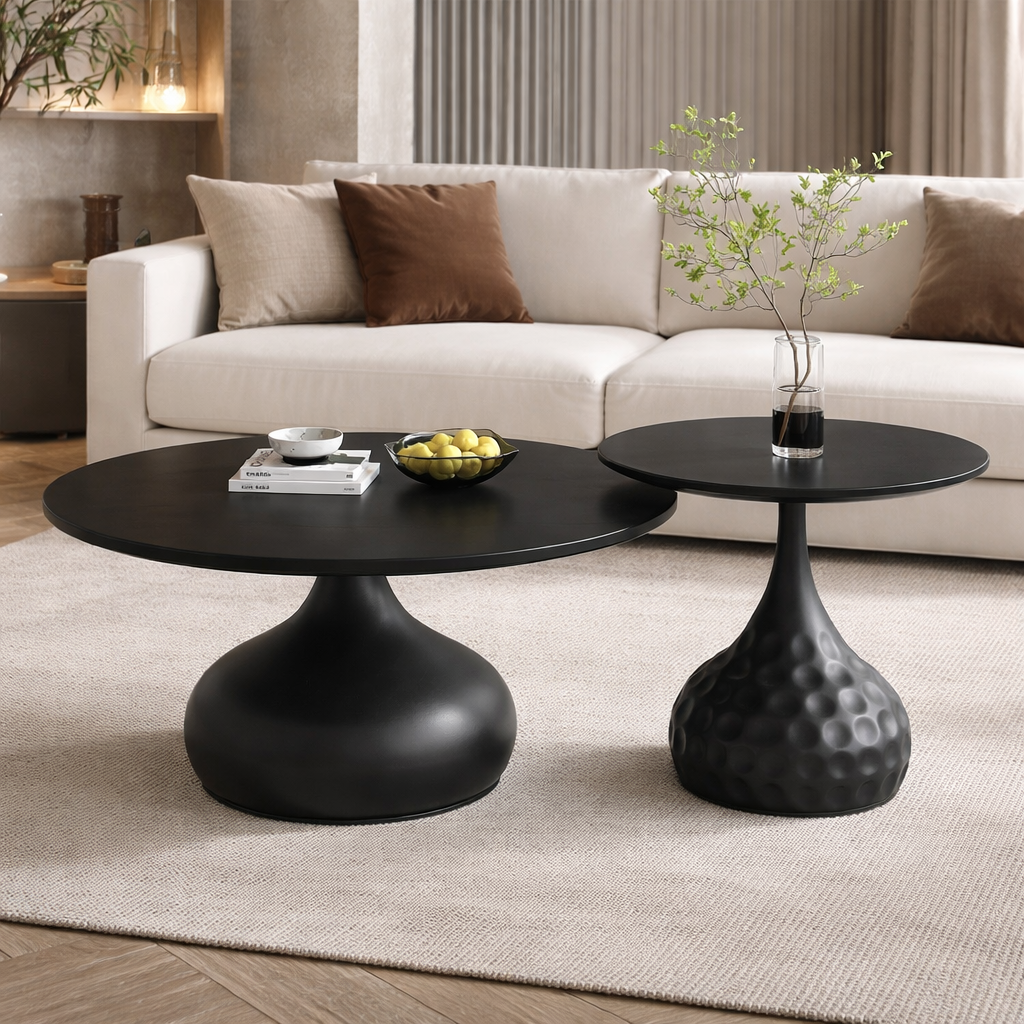 Noir Sculpt Nesting Coffee Tables – Black Carbon Steel Modern Round Coffee Table Set - GLARA HOME