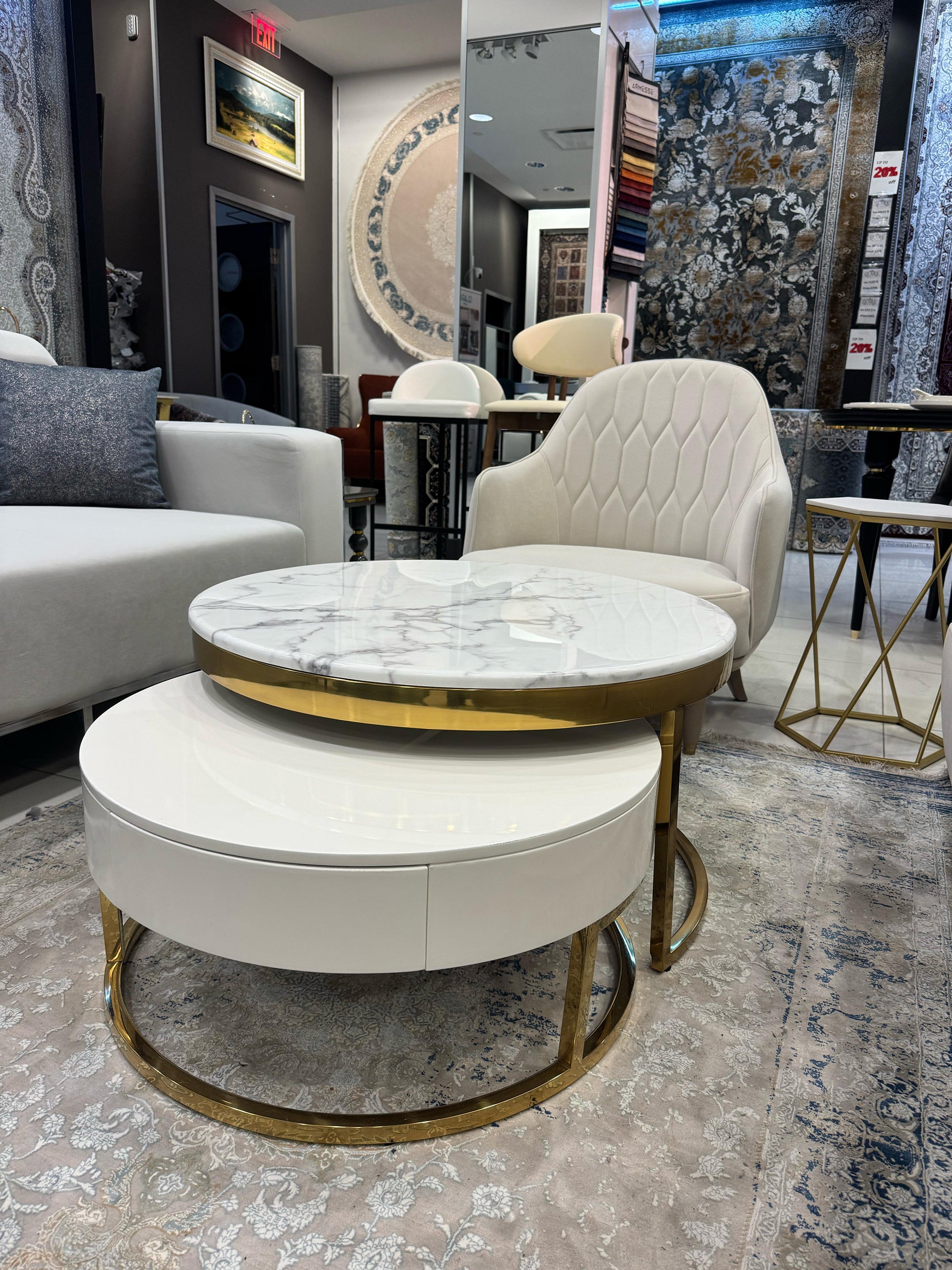 Ronak Round Shape Marble/Gold Coffee Table (White Marble) - GLARA HOME