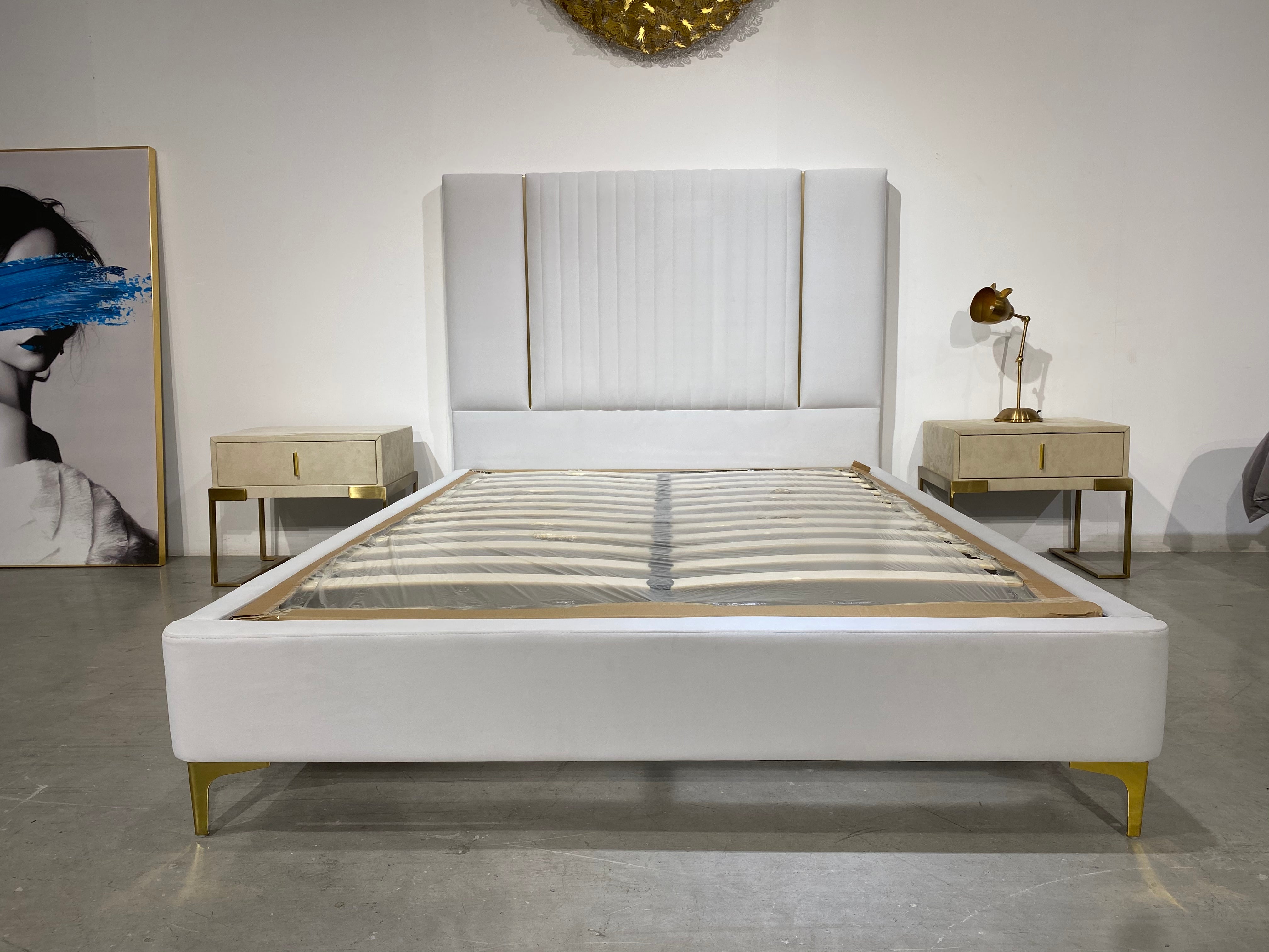 light grey bed frame with touched of gold