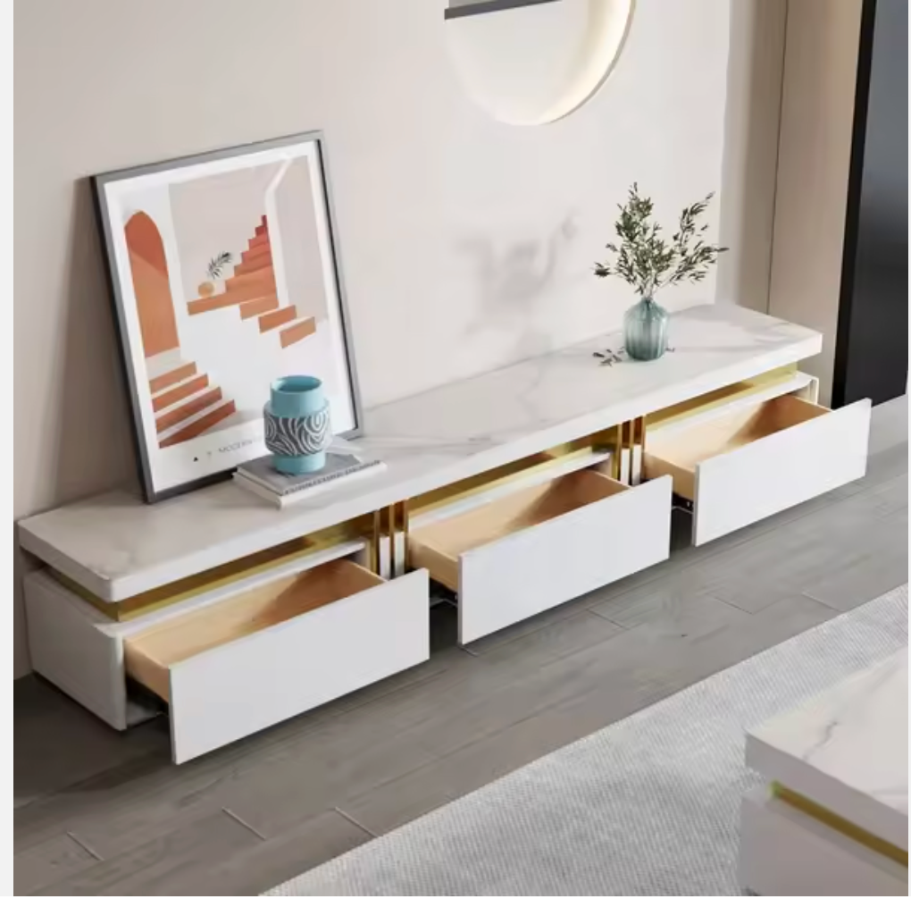 Albali Snowcrest Luxury TV Console – Snow Mountain White Sintered Stone & Gold Stainless Steel