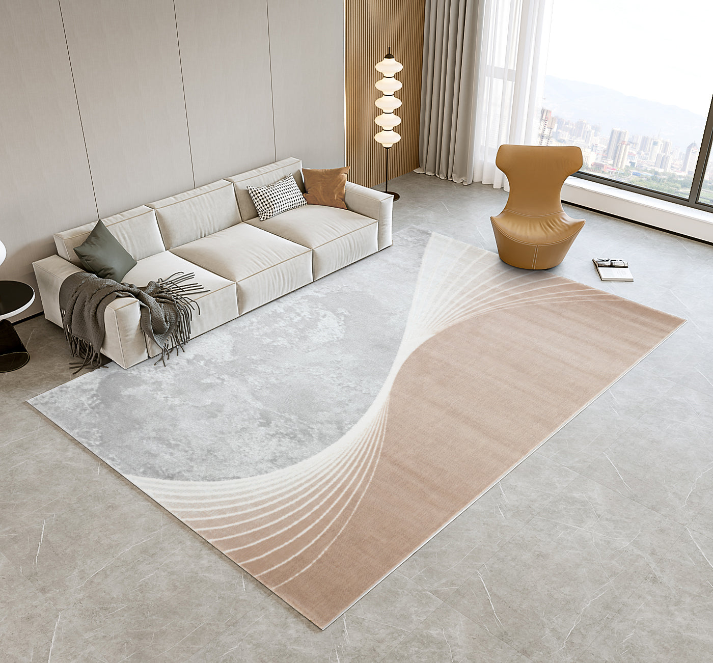 Glara “ARCORA” Modern Curve Area Rug – Beige & Grey Statement Design ( NR 10 )