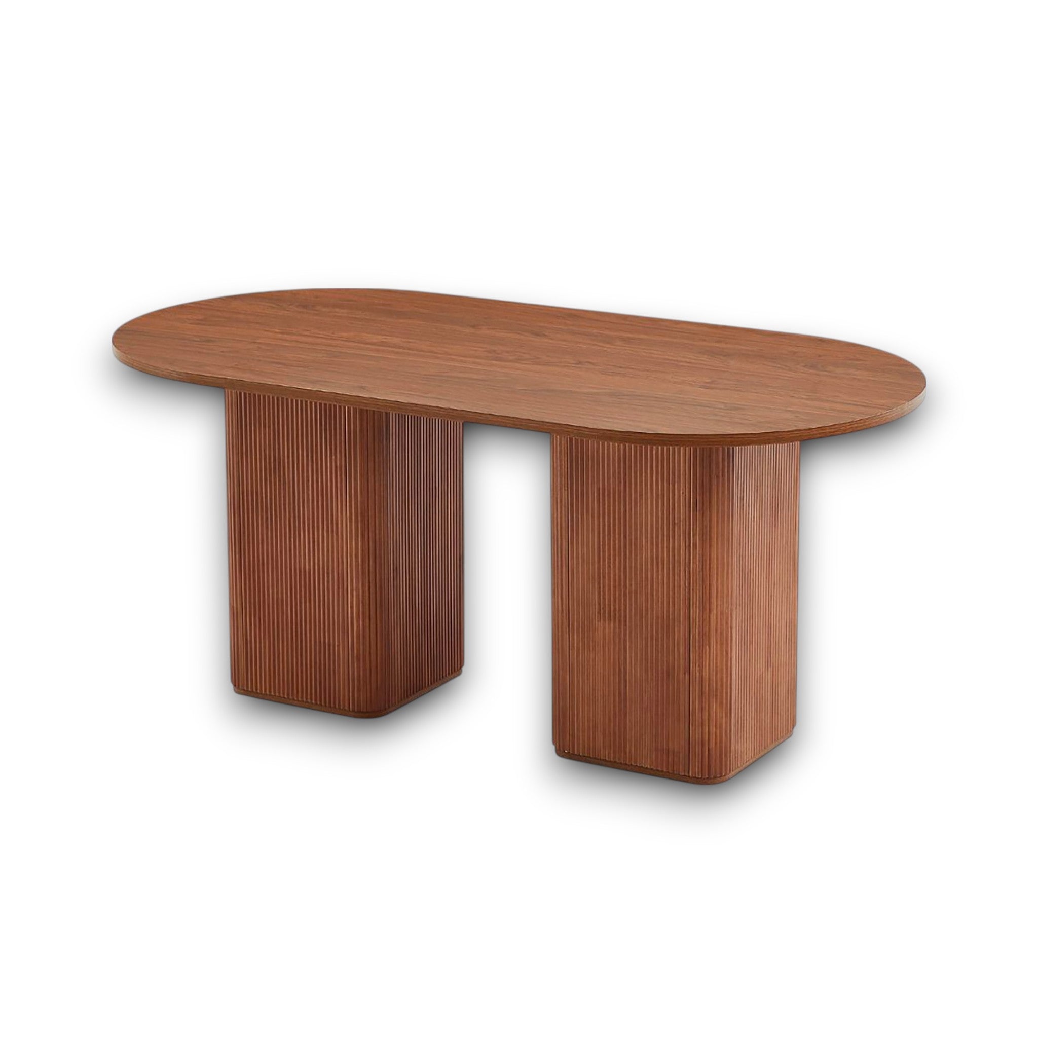 Wooden table with a modern design on a white background