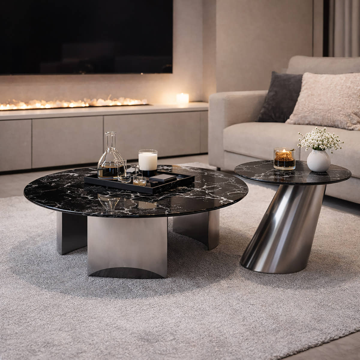 Velora Round Modern Marble Coffee Table Set with Sculptural Side Table - GLARA HOME