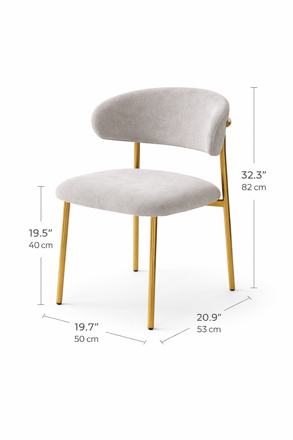 Gray chair with gold legs and dimensions on a white background