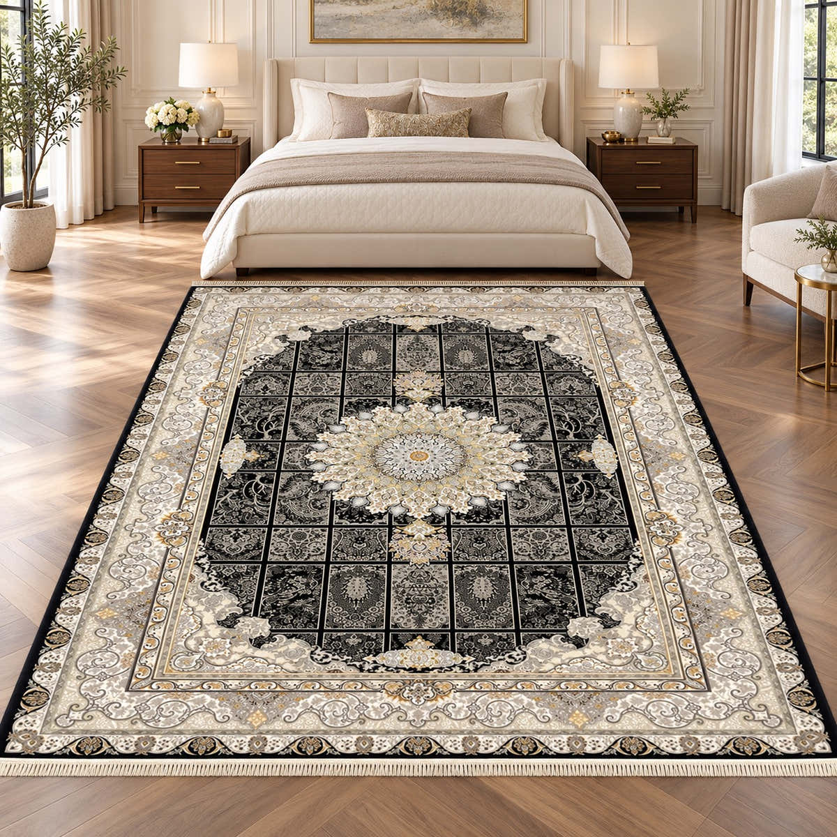 Avin black Persian rug with garden-panel motifs and ivory floral medallion in a digitally staged modern-classic bedroom