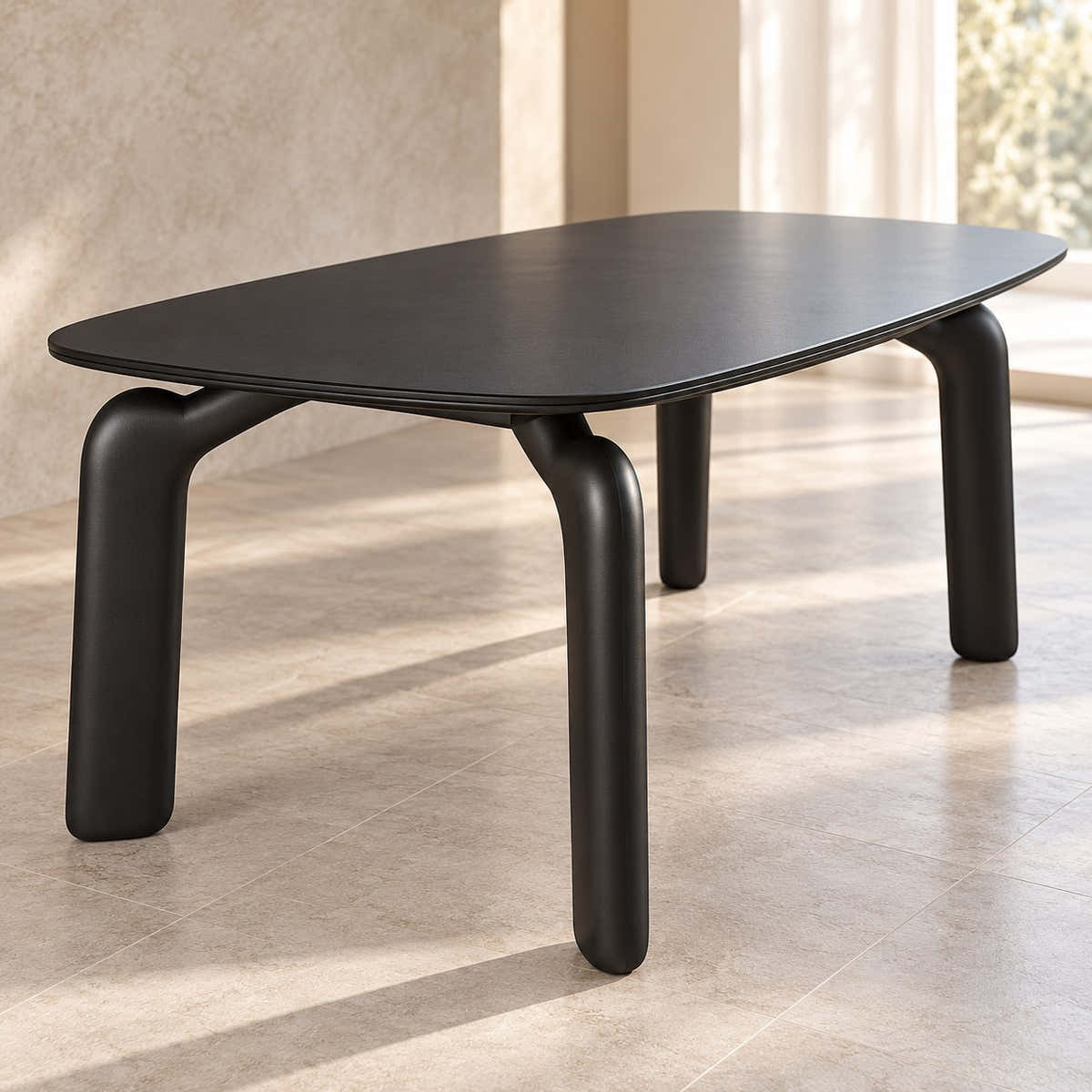 Avero black ceramic dining table tabletop surface and rounded edge detail