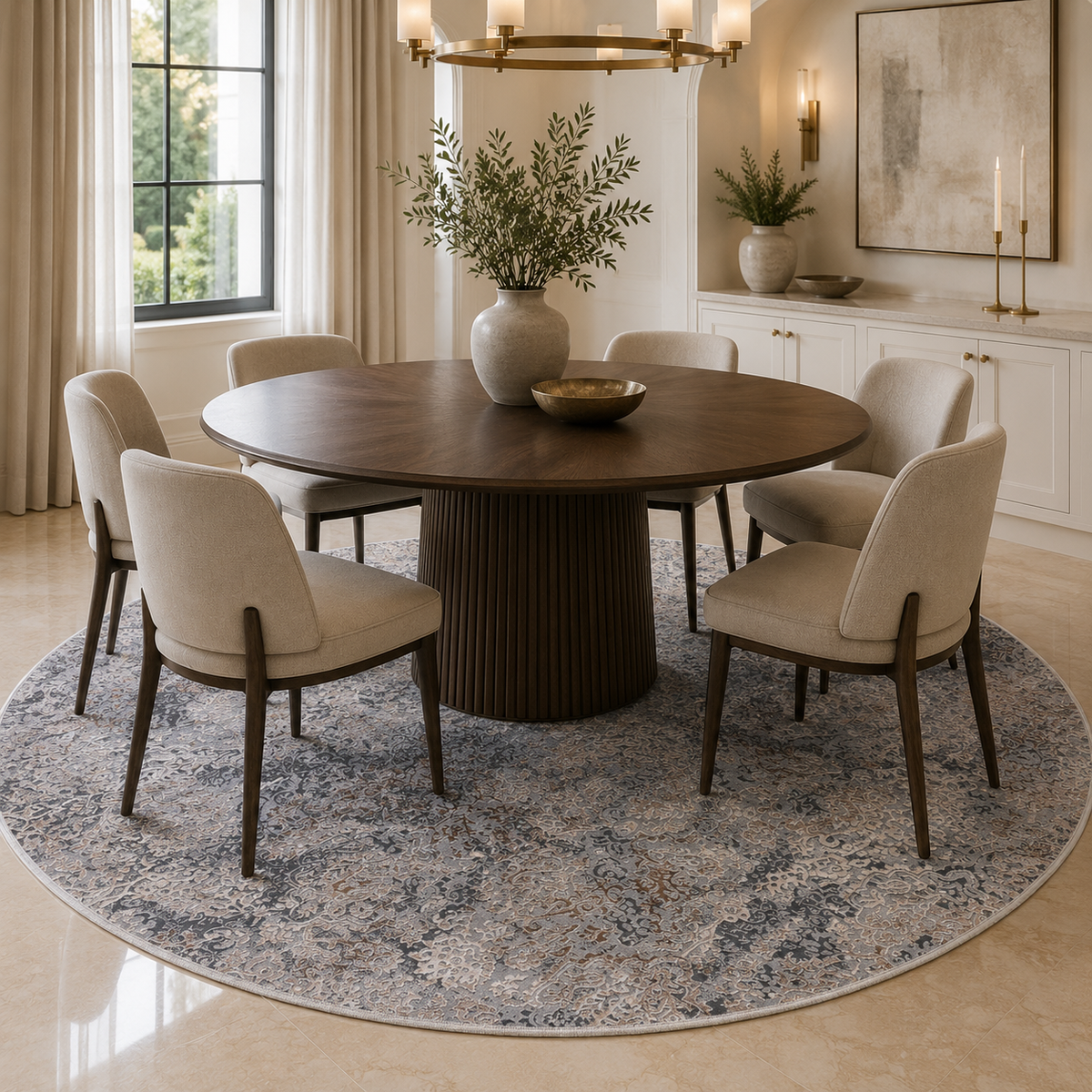 A round dining table set with six upholstered chairs on a large distressed blue and beige area rug in a bright, modern dining room.