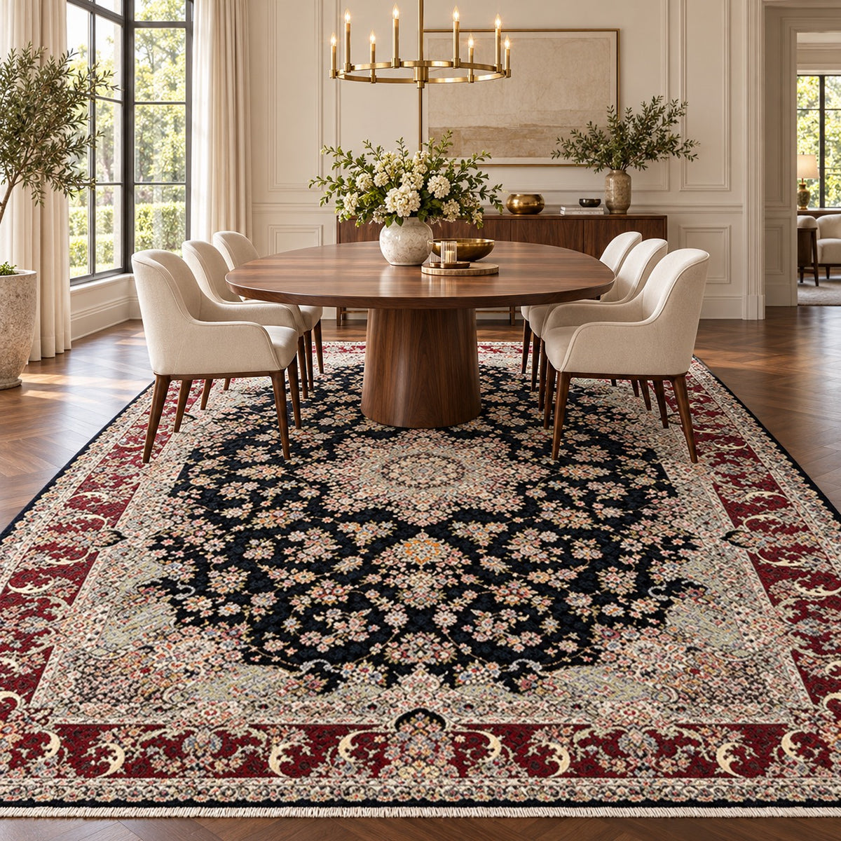 Ferdos dark navy Persian rug with burgundy floral border in a digitally staged modern-classic dining room
