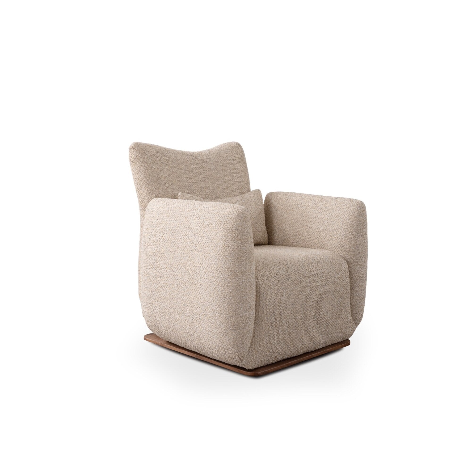 A modern low-profile armchair with a textured beige fabric upholstery and a dark brown wooden swivel base, shown against a plain white background.